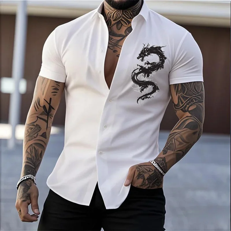 

2026 new men's short sleeve shirt Chinese Loong printed business casual white shirt outdoor casual fashion slim men's clothing