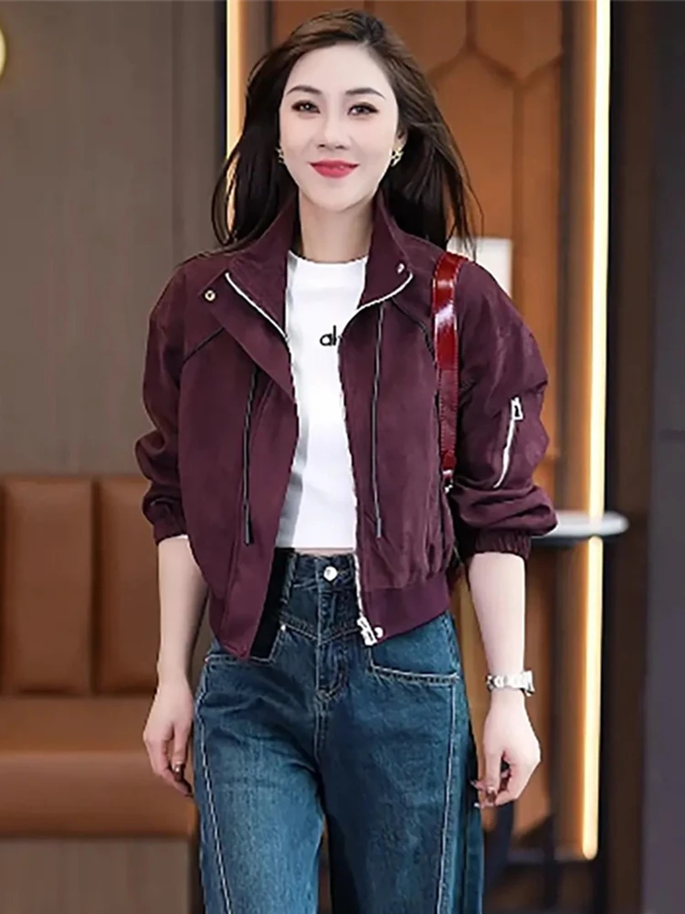 Faionable Retro Suède ort Jaet Dames Casual Veelzijdig Katoen Gevoerd Lente 2025, Vroeg Seizoen Sli Top