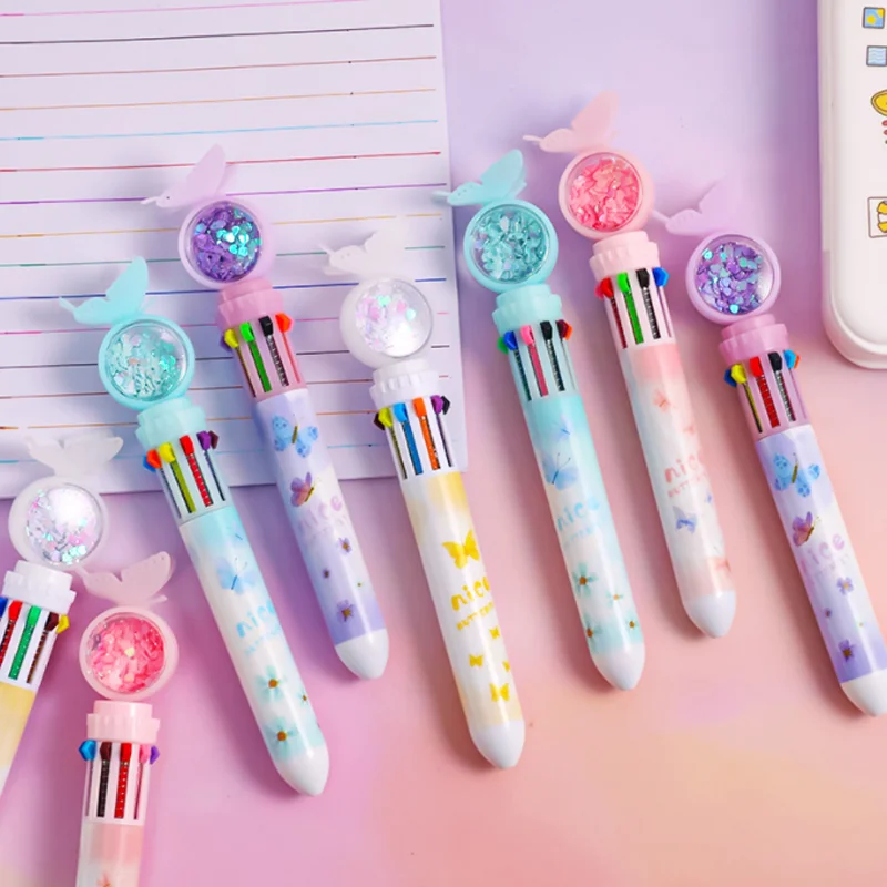 Cartoon Butterfly Ten Color Ballpoint Pen Student Multi color Press Type Oil Pen Multi function Stationery Hand Ledger Water Pen