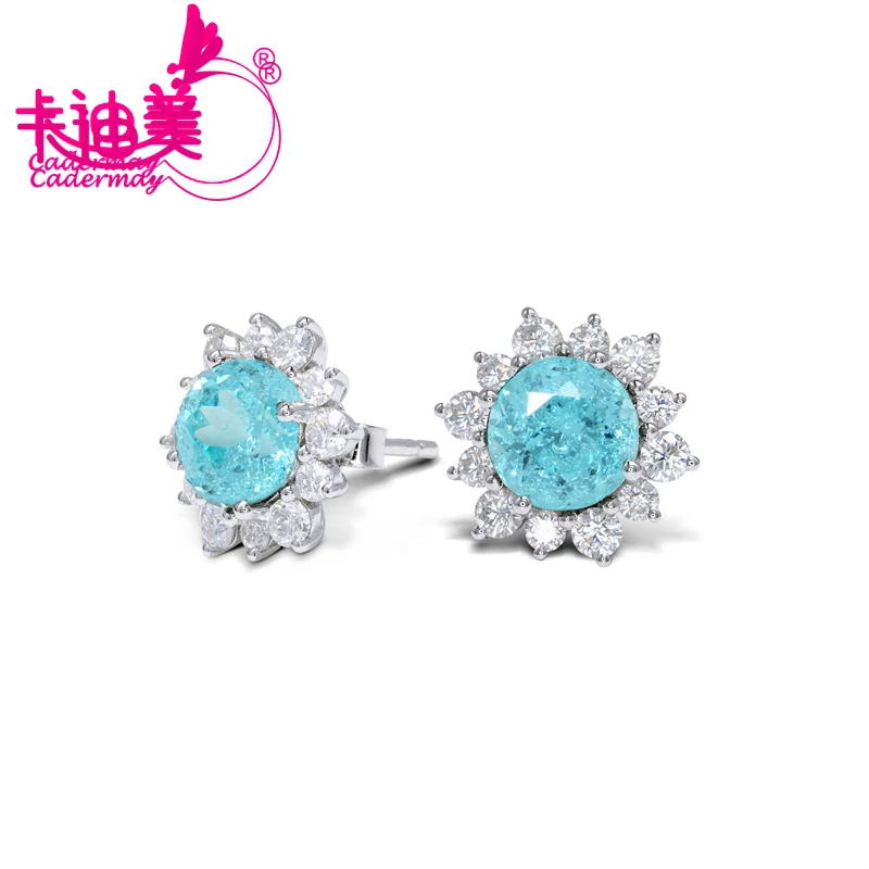 Paraiba Neon Blue Color 8mm Lab Grown Yttrium Aluminum Garnet With Inclusion S925 Silver Earrings  For Women Fine Jewelry