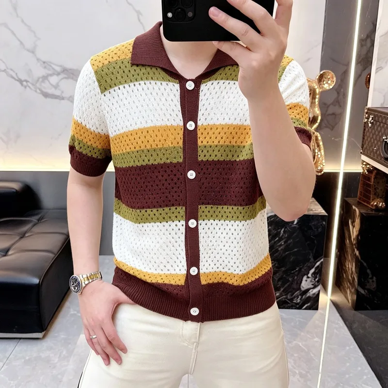 Trendy Summer Ice Silk Knitted Polo Shirt for Men Single Breasted Lapel Knit Cardigan Slim Fit Casual Business T-shirt Sweater