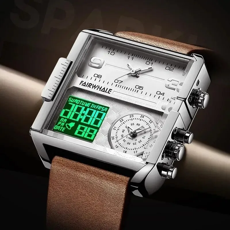 Mark Fairwhale 4270 Rechteckige Herren Elektronische Digitale Doppeluhren Armbanduhr Wasserdichte Casual Quadratische Uhr Reloj Hombre