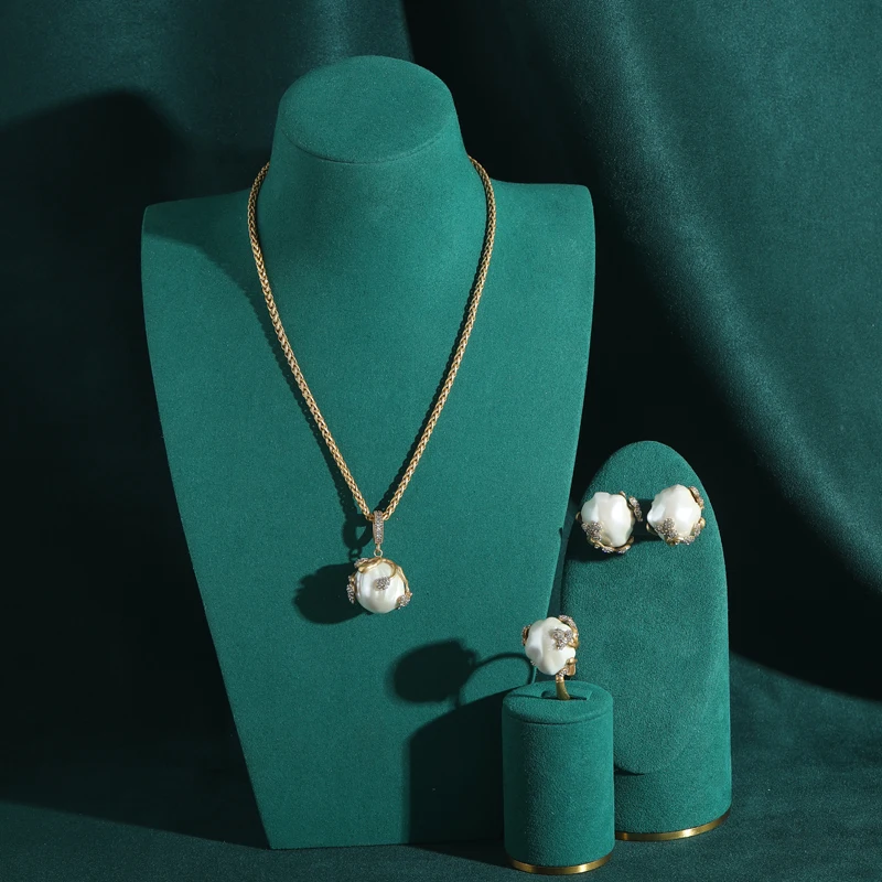 

Baroque Pearl Vintage Jewelry Luxury Sets Long Pendent Necklace Large Stud Earring Brand Ring Gold Color Mother's Day Charm Gift