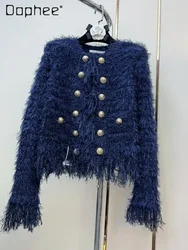 Tassel Plush Knitted Jacket Women Long Sleeve Round Collar Double Breasted Sweater Metal Button Solid Color Slim Tops Trendy