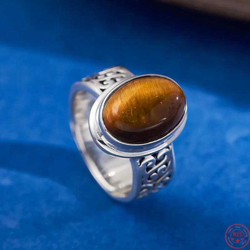 

S925 Sterling Silver Rings for Women Men Retro Hollow Pattern Inlaid Tiger's Eye Cabochon Fashion Punk Jewelry Wholesale