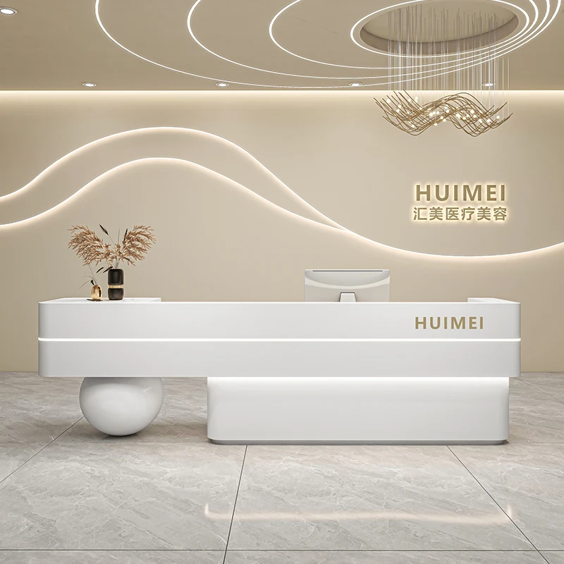

Simple Reception Desk With Round Pillars, Marble Seats, Colorful Lights, Salon Counter, Jewelry Reception Desk With Novel Design