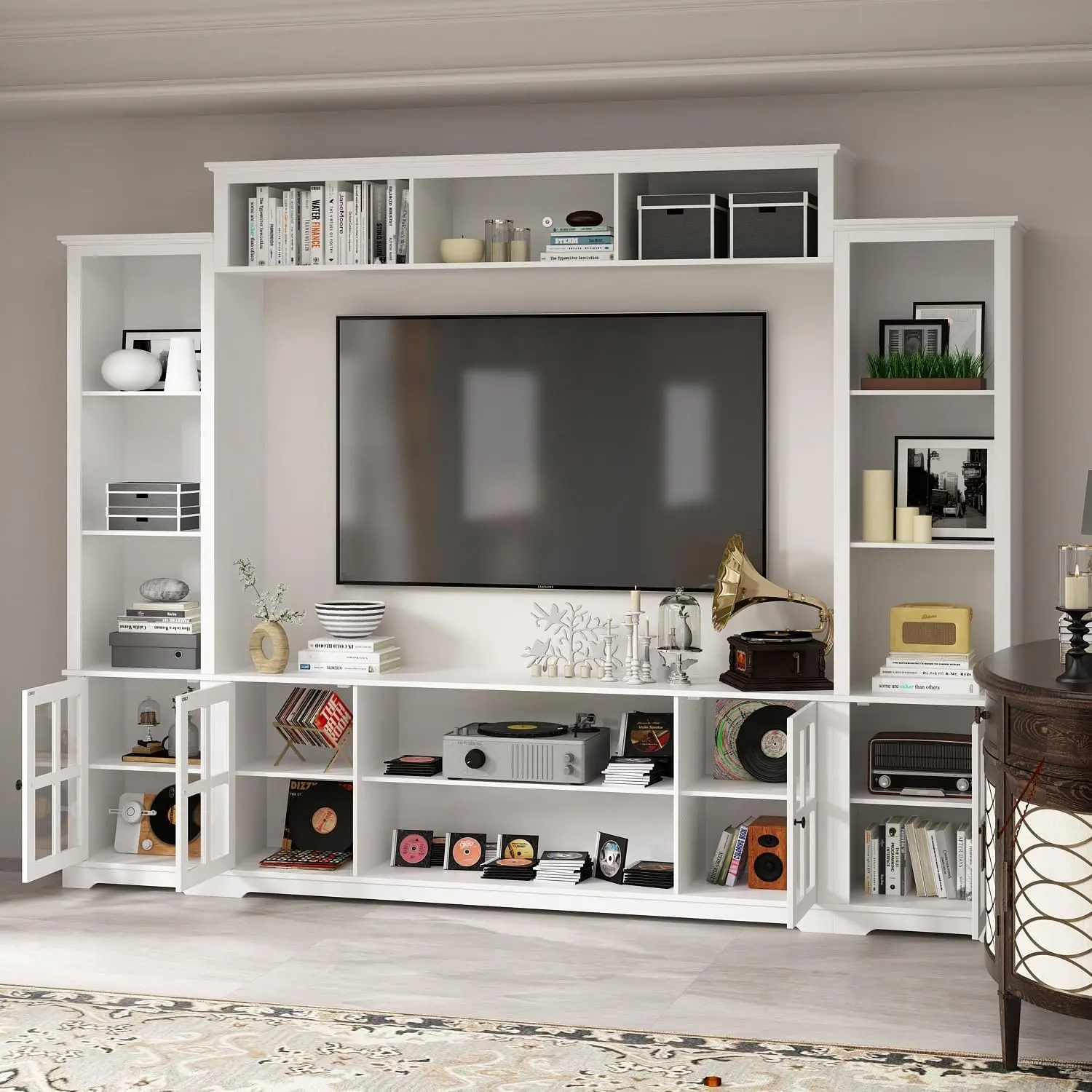 Entertainment Wall Unit Set with Bridge, Modern TV Stand, Large Console Table , Living Room Storage Bookshelf Set, White