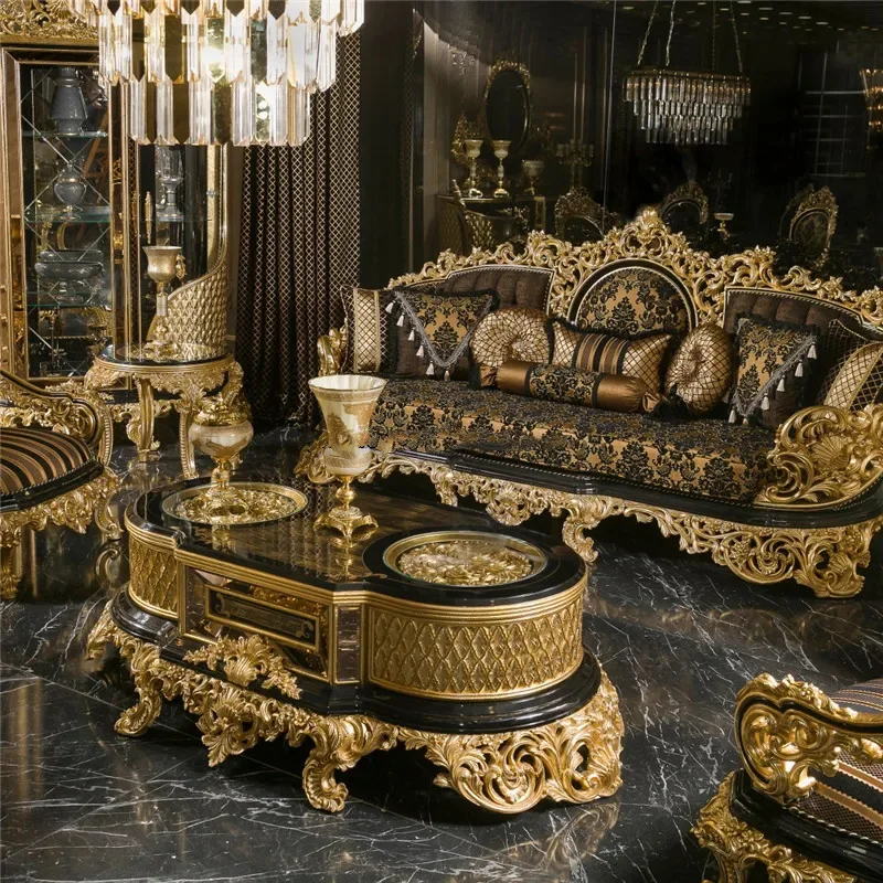 

Luxury Antique Traditional Black Gold Classical Baroque Royal Hand Carved sofa set Living Room Furniture Set