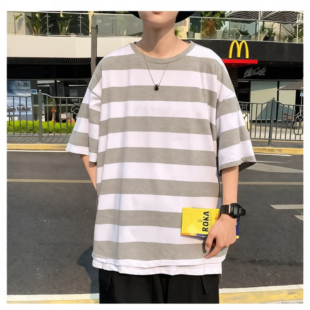 Mens T Shirt Striped Design Round Neck Casual Loose Summer Tees Korean Streetwear Retro Color Block Comfortable Short Sleeve