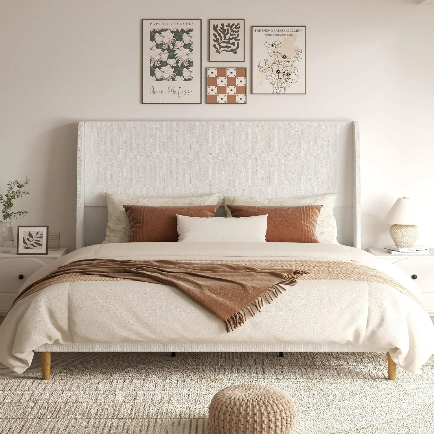 Platform Bed Frame With Wingback Headboard, Wood Slats & Metal Structure, No Box Spring Needed, Easy Assembly, White, Customized