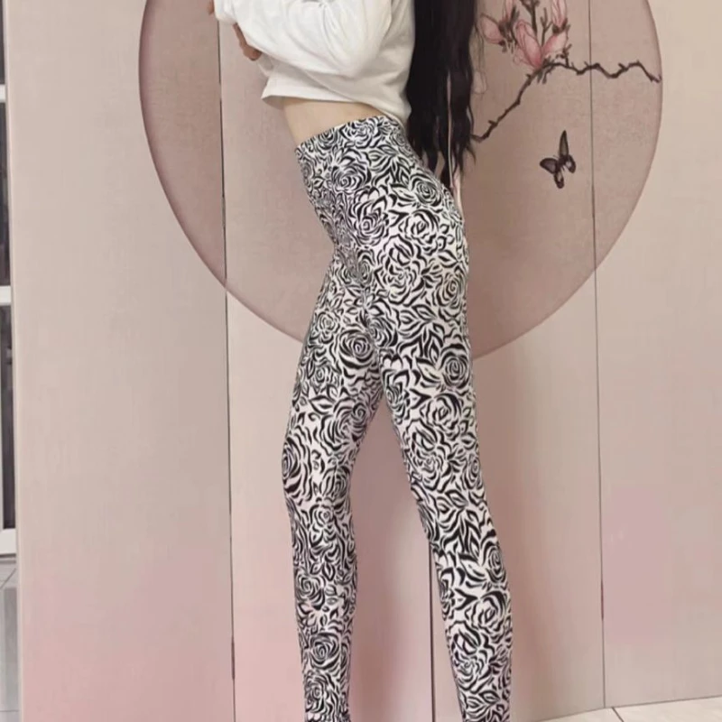 Floral Print Leggings Women Smooth Sheer High Waist Sexy Pants Female Tights Casual Slim Fit Fitness Sports Yoga Leggings 2023