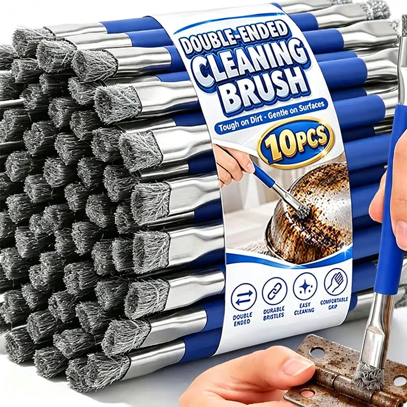 Double Ended Stainless Steel Wire Brushes with Long Handle Bristle Scrub Brush for Rust Grease Stain Cleaning Pot Metal Surface