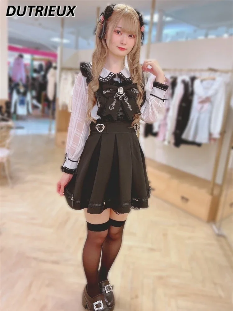 Sweet Mine-delantal desmontable versátil, falda corta con tirantes, bonito vestido sin mangas con lazo de diamantes de imitación, novedad de Lolita