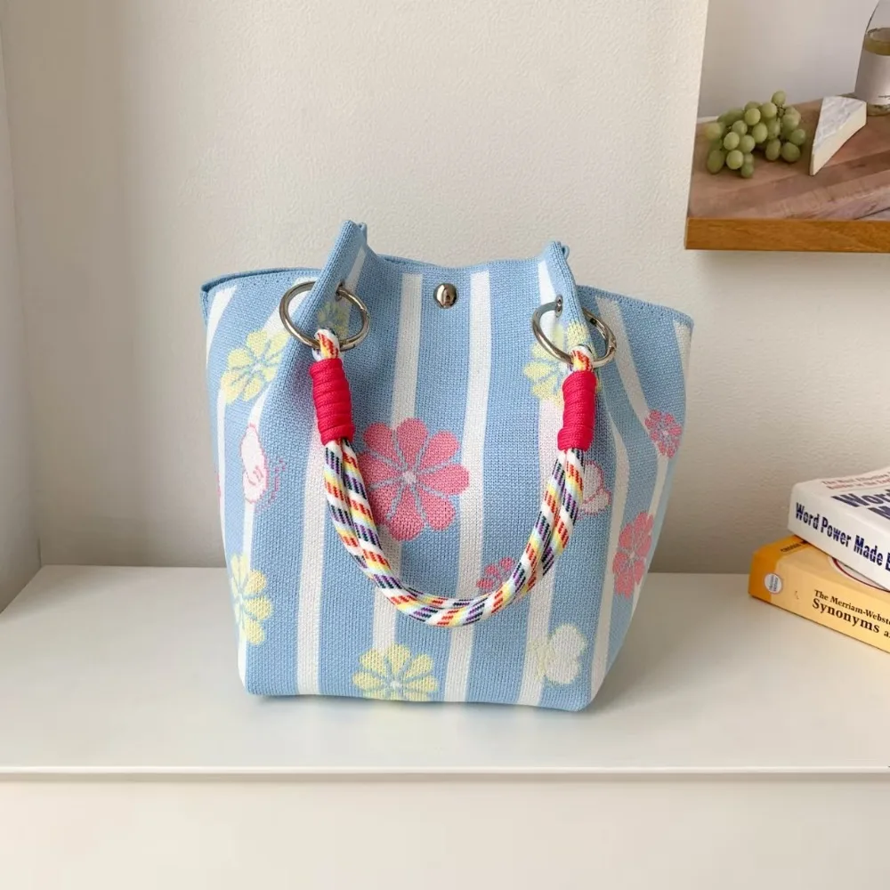 

Portable Cat Knitted Tote Bag Bear Bow Cartoon Knitted Handbag Printed Purse Wool Bucket Bag Shopping Bags
