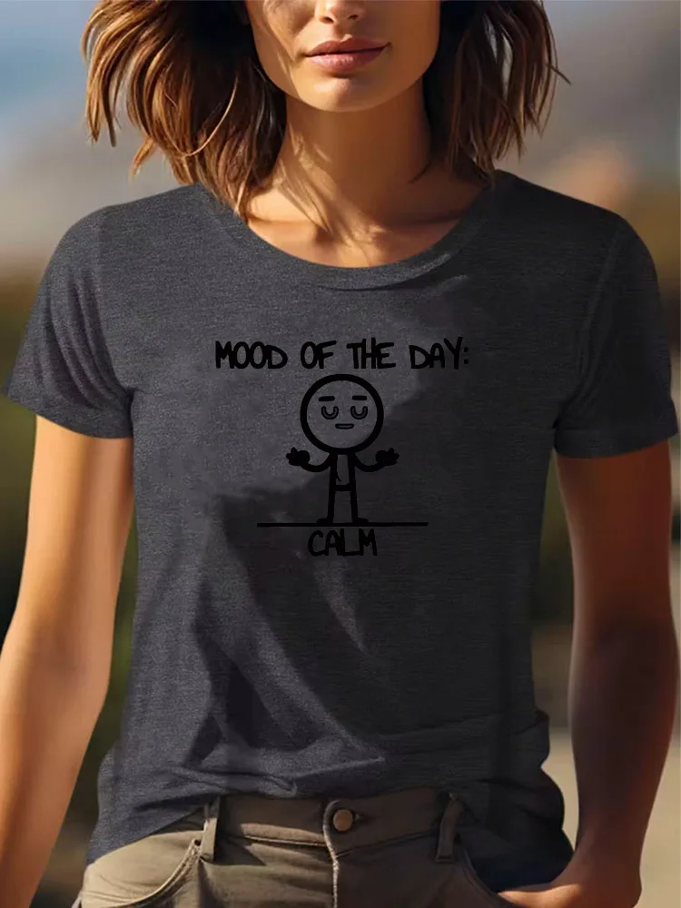 

Женская повседневная футболка с рисунком Mood of the Day, всесезонная одежда, серая футболка с короткими рукавами и круглым вырезом, 180 г, всесезонная одежда