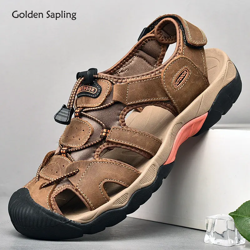 Golden Sapling Summer Men\'s Sandals Outdoor Trekking Shoes Genuine Leather Footwear Mountain Sandal for Men Casual Chaussures