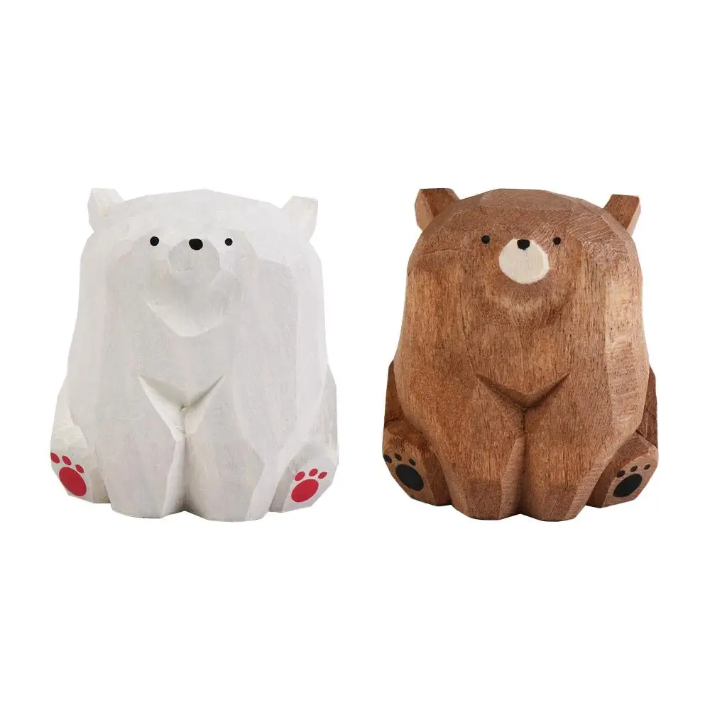 

Solid Wood Wooden Bear Figurines Cute Hand Carved Polar Bear Ornament Miniature Realistic Mini Bear Statue Home Decoration