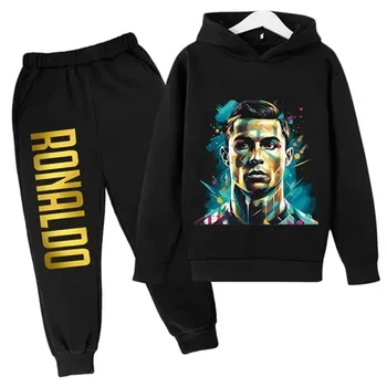 Ronaldo imprimé ensemble à capuche pour enfants automne et hiver polaire pantalon à capuche deux pièces sport décontracté vêtements pour enfants
