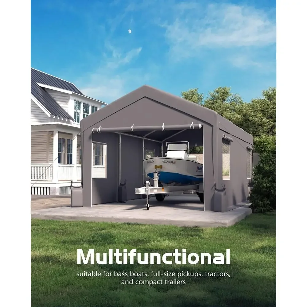 10x20 ft Durable Portable Carport with Roll-Up Windows, All-Weather UV-Protected Shelter for Vehicles and Equipment - Grey