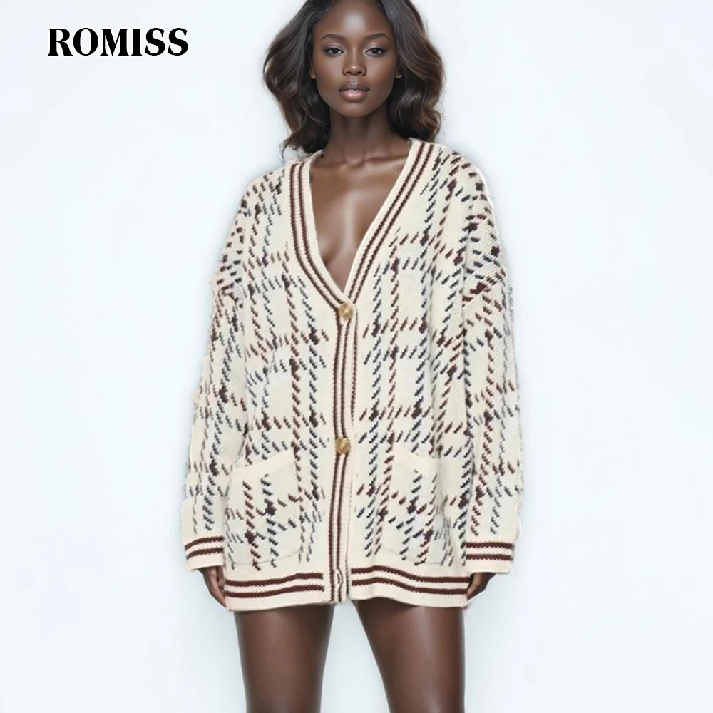 ROMISS Knitted Cardigans Sweater For Women V Neck Long Sleeve Striped Korean Colorblock  Casual Sweater Female Fashion New