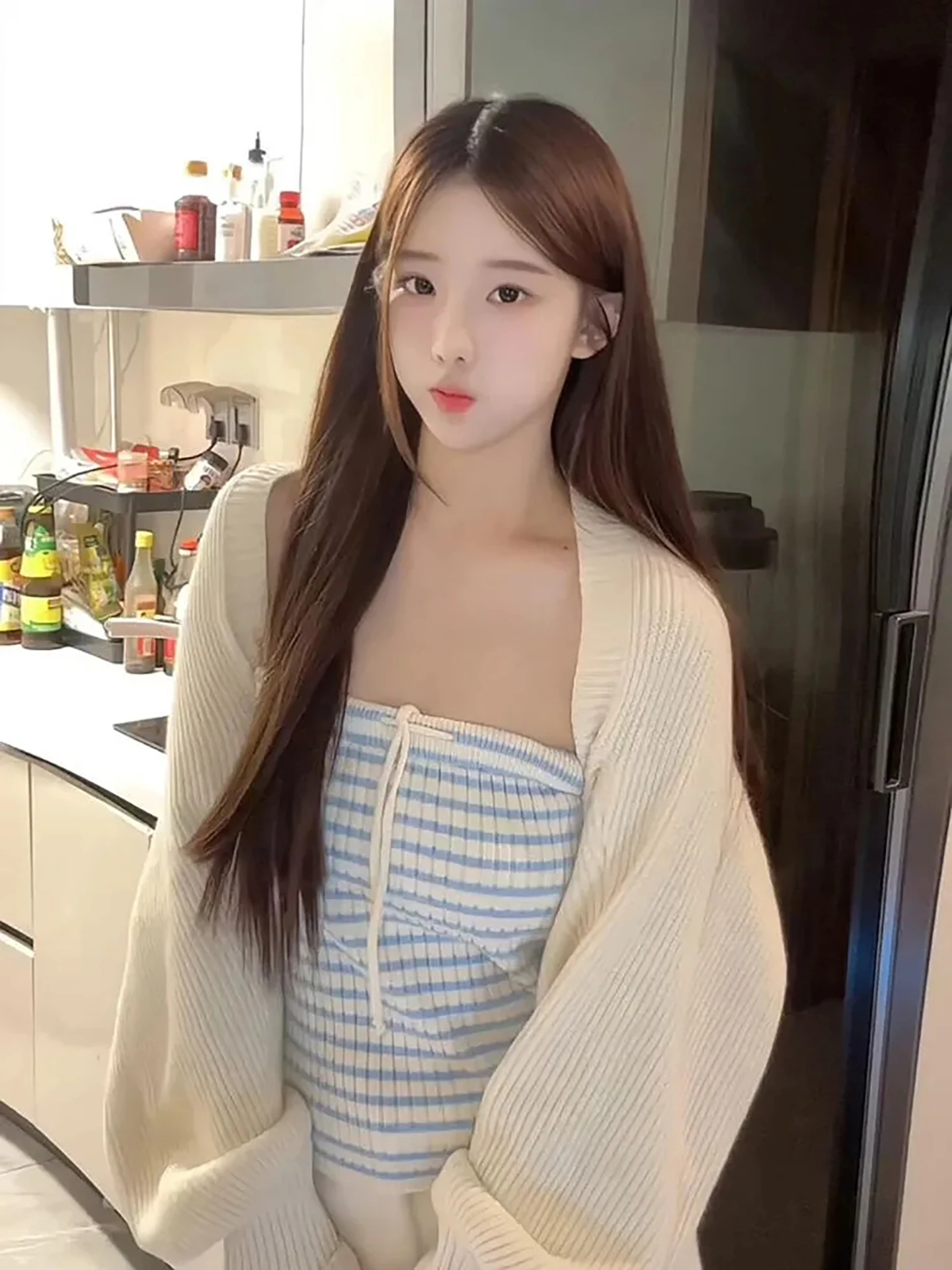 

Summer 2026 Women's Soft Striped Tube Top And Vest Set Ele Sle Long Sve ort Length Universal Fit Casual Wear