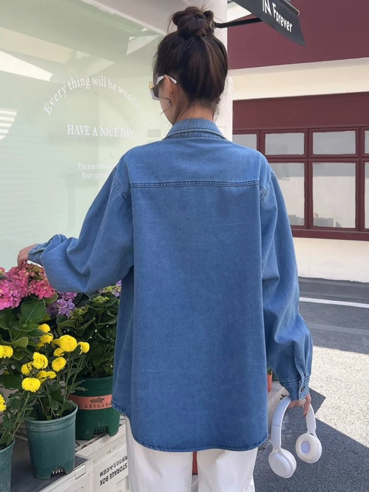 Damska, codzienna, długa kurtka dżinsowa z perłami i dżetami, na wiosnę i jesień, nowa, warstwowa, luźna odzież wierzchnia w stylu koreańskim.