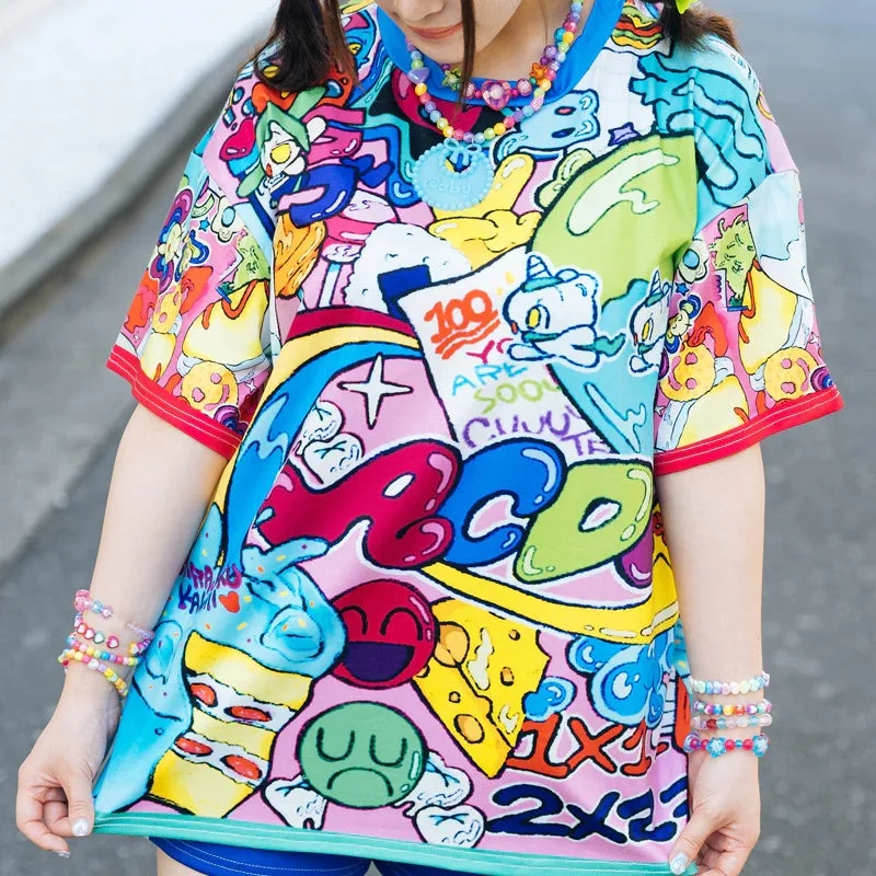 Y2K Cute Cartoon Japanese Harajuku Punk Graffiti Women's T-shirt Loose Round Neck Short Sleeved Atmospheric Casual Top