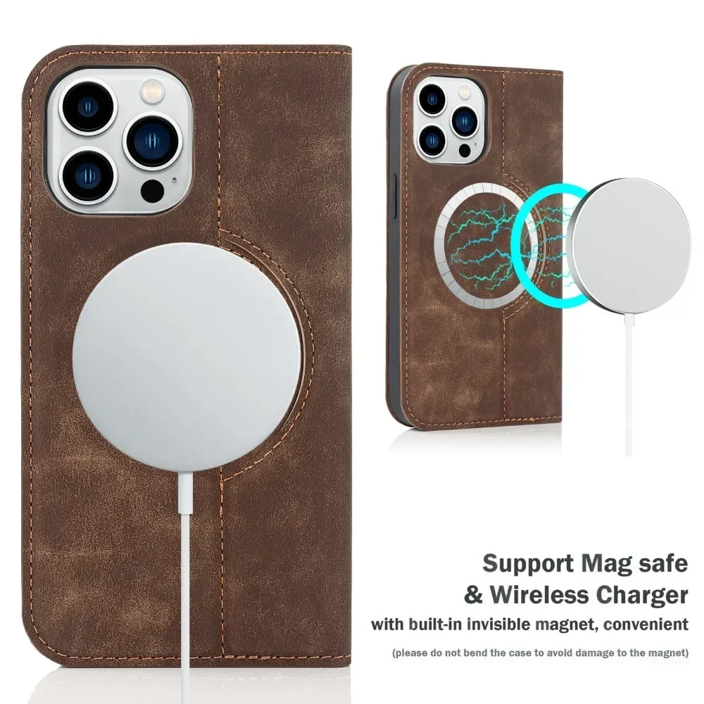 Leather Magnetic Flip Case for iPhone 16 15 14 13 12 Pro Max Plus Mini Cover Vintage Wallet Card Pocket Stand Shell for Magsafe