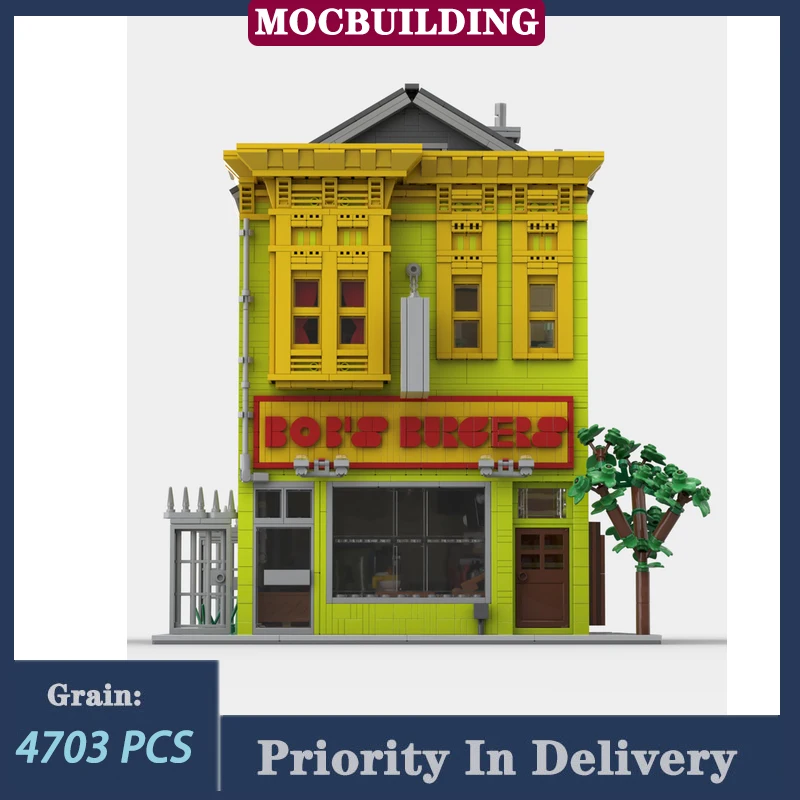 MOC City Street View Green Burgers House Modular Building Block Town Restaurant Collection Toy Gifts