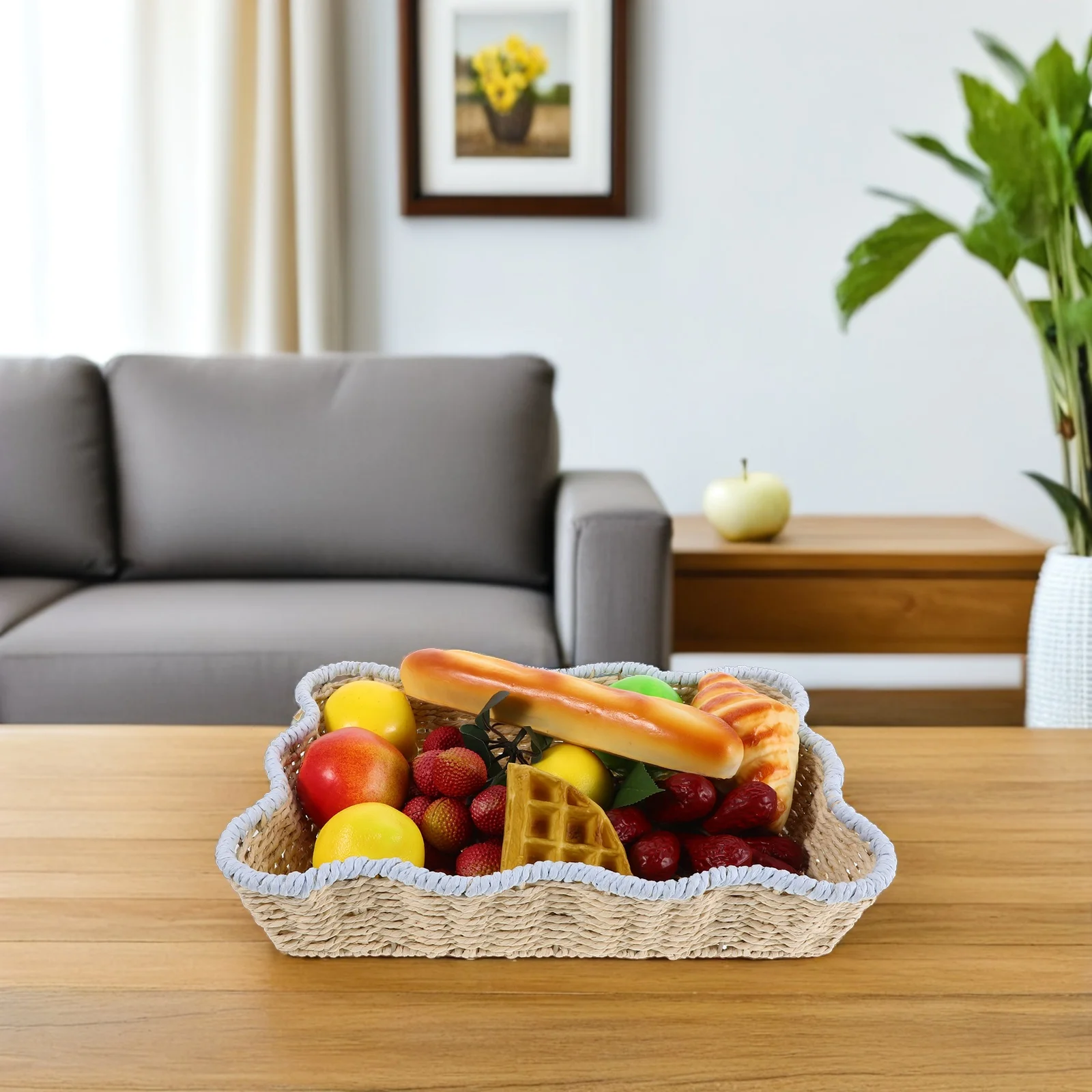 

Hand-Woven Storage Basket Paper Rope Natural Rattan Style Organizer for Kitchen Pantry Snacks Fruit Bread Desktop Sundries