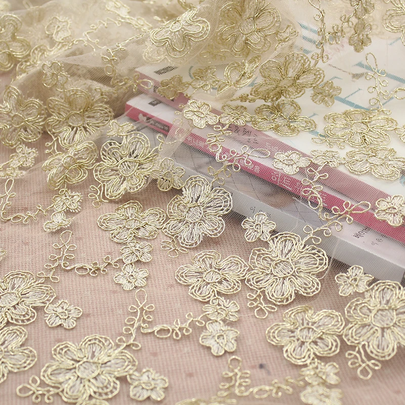 golden Creeperflower mesh embroidery lace fabric Wedding Dress Tulle Skirt Material fabrics for patchwork kumas telas por metros