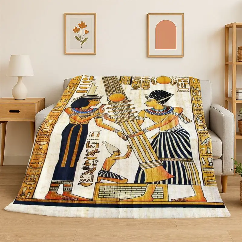 Retro Egyptian Mural Hieroglyphics Symbol Flannel Blanket Soft Warm Throw Blanket for Bedroom Living Room Bed Travel Picnic Gift