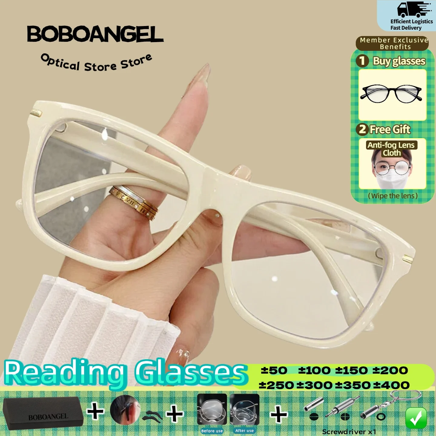 

BOBOANGEL Trendy New Design Large Frame Square Reading Eyeware Women Blue Light Filter Myopia Computer Progressive Prescription
