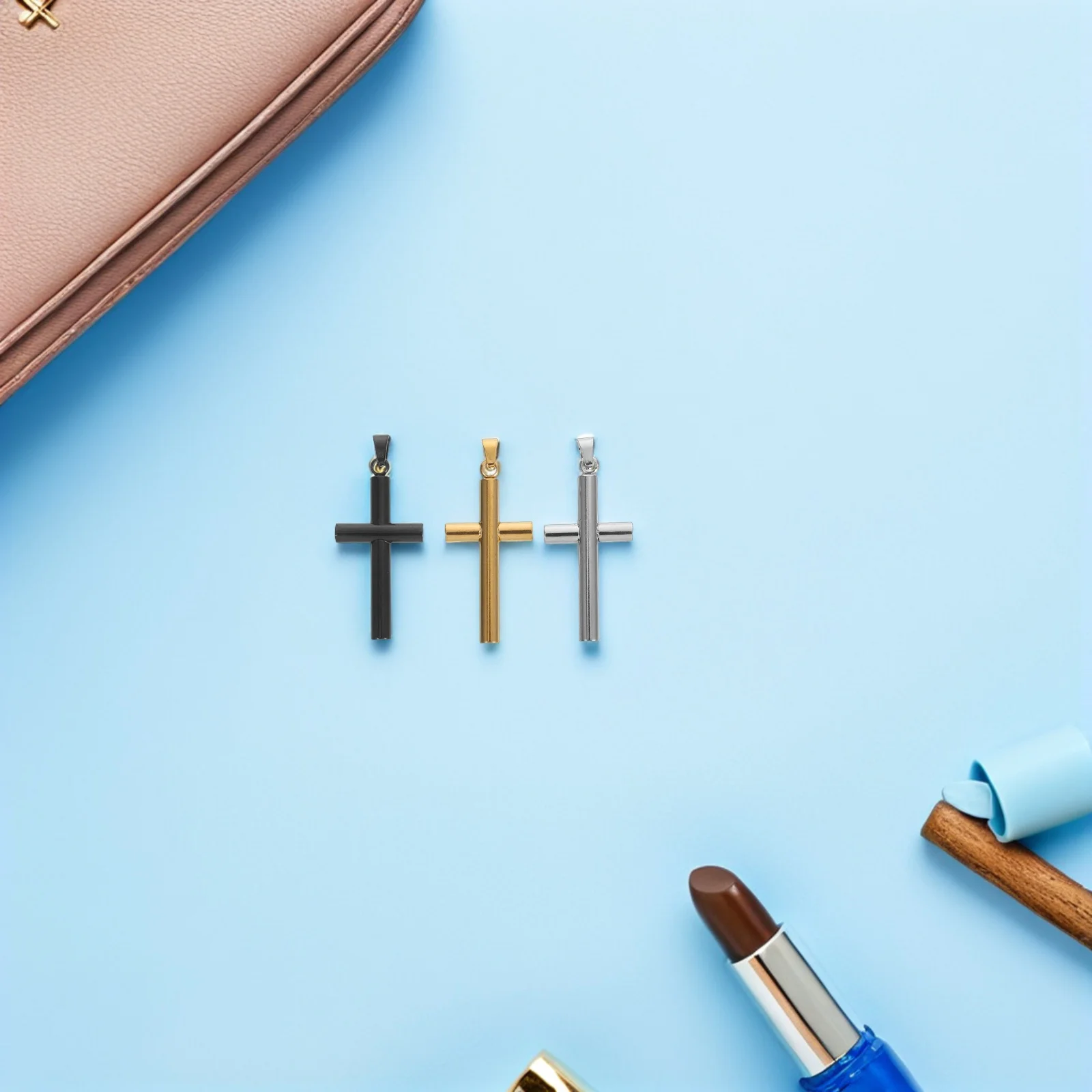 Juego de Mini colgante de crucifijo, 6 uds., acero inoxidable, oro, plata, negro, dijes religiosos, fabricación de joyería espiritual DIY