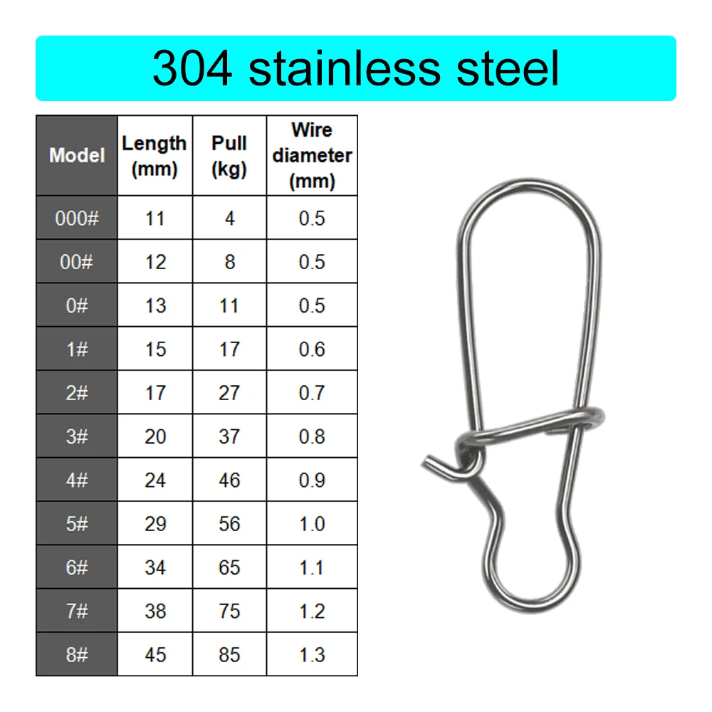 50Pcs Fishing Swivel Connector Hooks Line Clip Lock Carabiners Stainless Steel Fishing Fastener Snaps Tools