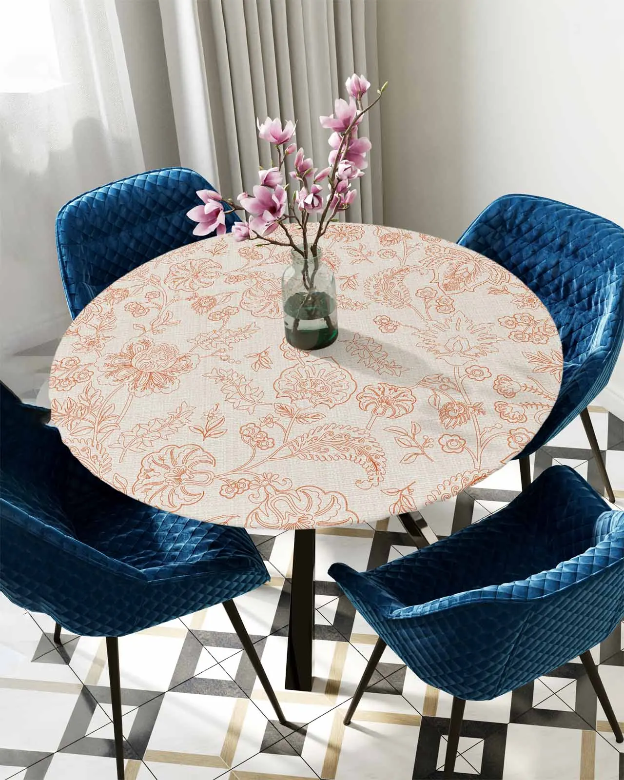 

Vintage Floral Texture Round Elastic Edged Table Cover Protector Cloth Waterproof Fitted Tablecloth