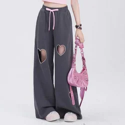 Süße süße Jugend Vintage Liebe aushöhlen Freizeit hose Frauen solide Sommer hohe Taille Kordel zug Taschen lose gerade Hose