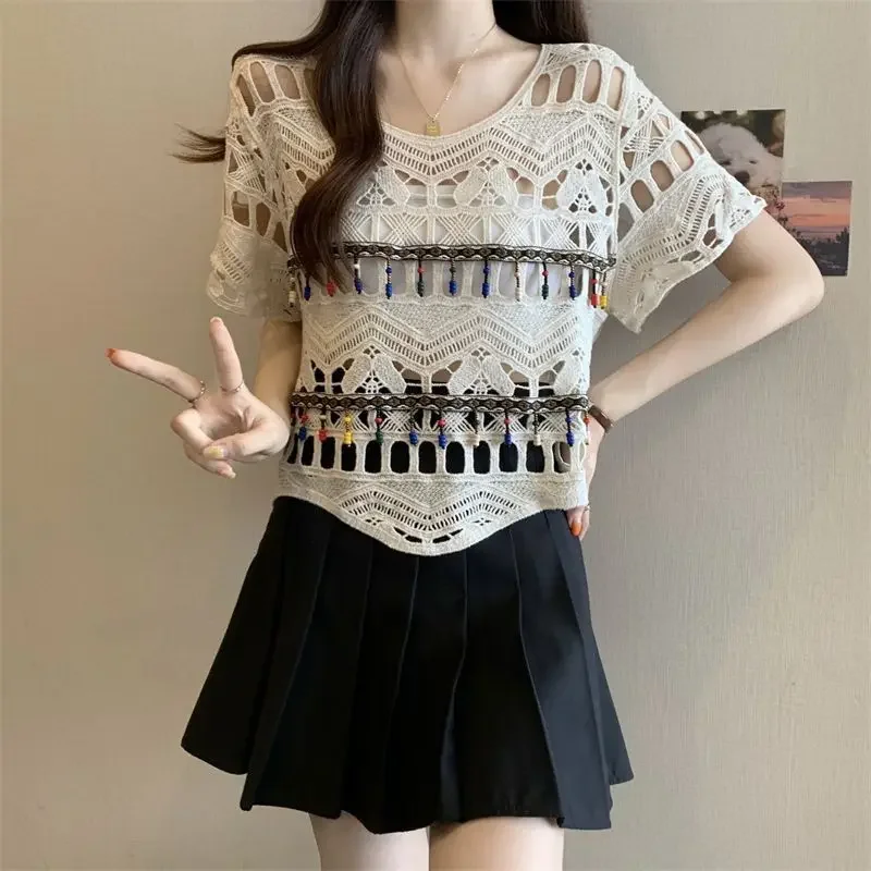 2025 Summer Women's New Boho Tassel Hollow Out T Shirt Sling Mini Pleated Skirts 1 or 3 Piece Set Lady Short Tops Skirt Suits