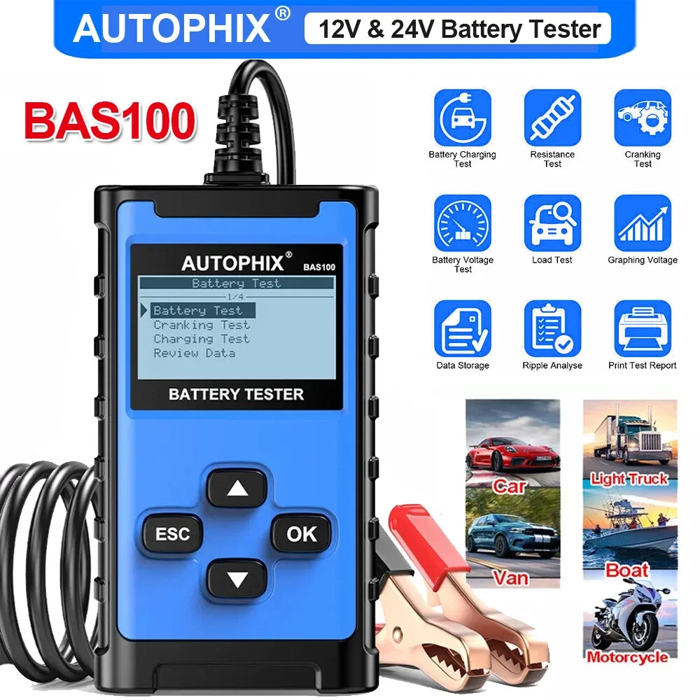 AUTOPHIX BAS100 Digital 12V 24V Battery Analyzer 100-1100CCA Battery Health/Load/Cranking/Charging Test Automotive Diagnostic