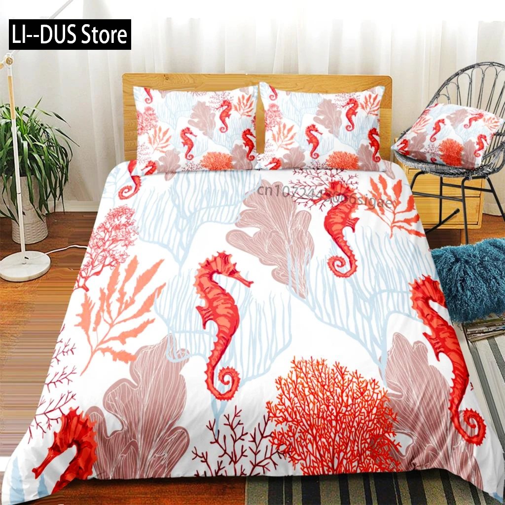 

Seahorse Bedding Set Ocean Animal Duvet Cover Underwater World Orange Coral Marine Life Sea Urchin Soft Women Kid Bedroom Decor