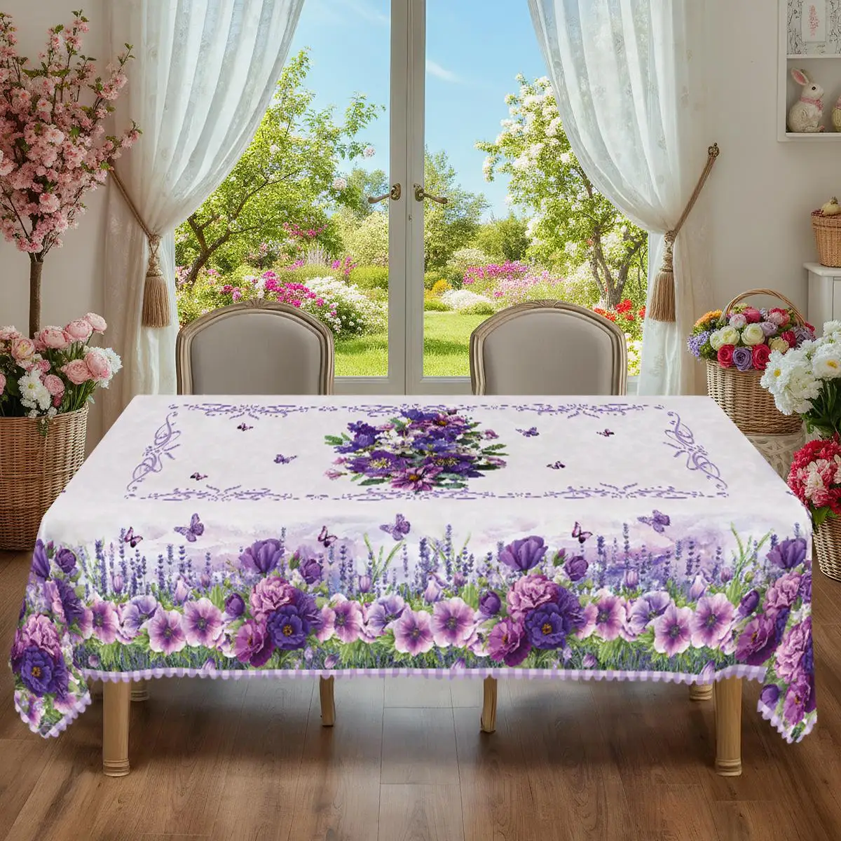 Lavender Peony Floral Printed Tablecloth Wedding Decorations Spring Summer Themed Flowers Plaid Dining Table Cloth Party Decor