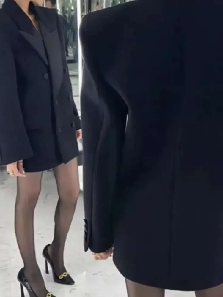 Elegant Blazer Coat European Style Lapel Double Breasted Black All Match Mid Length Jacket Women Spring Autumn 2025 New