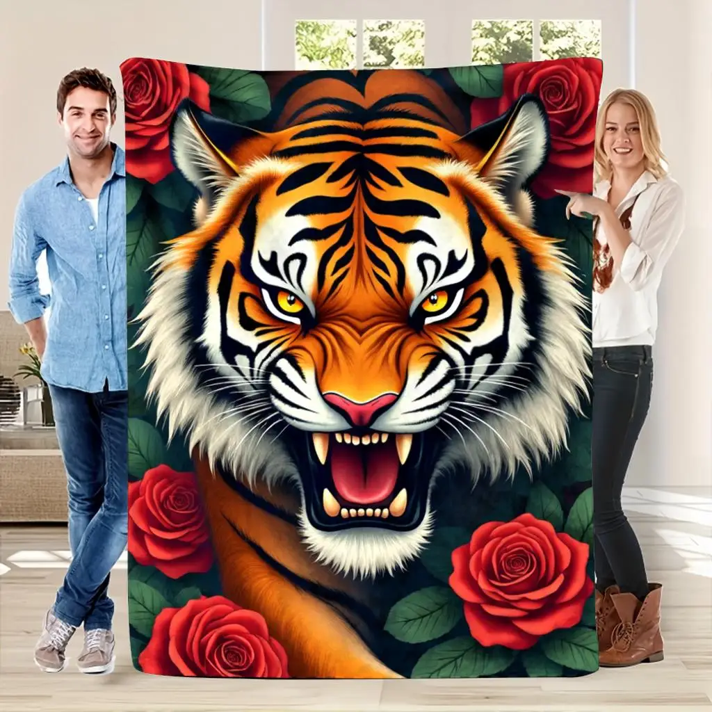 Giant Tiger and Rose Floral Print Throw Blanket 150x200cm Decorative Jungle Animal Cozy Home Bedspread