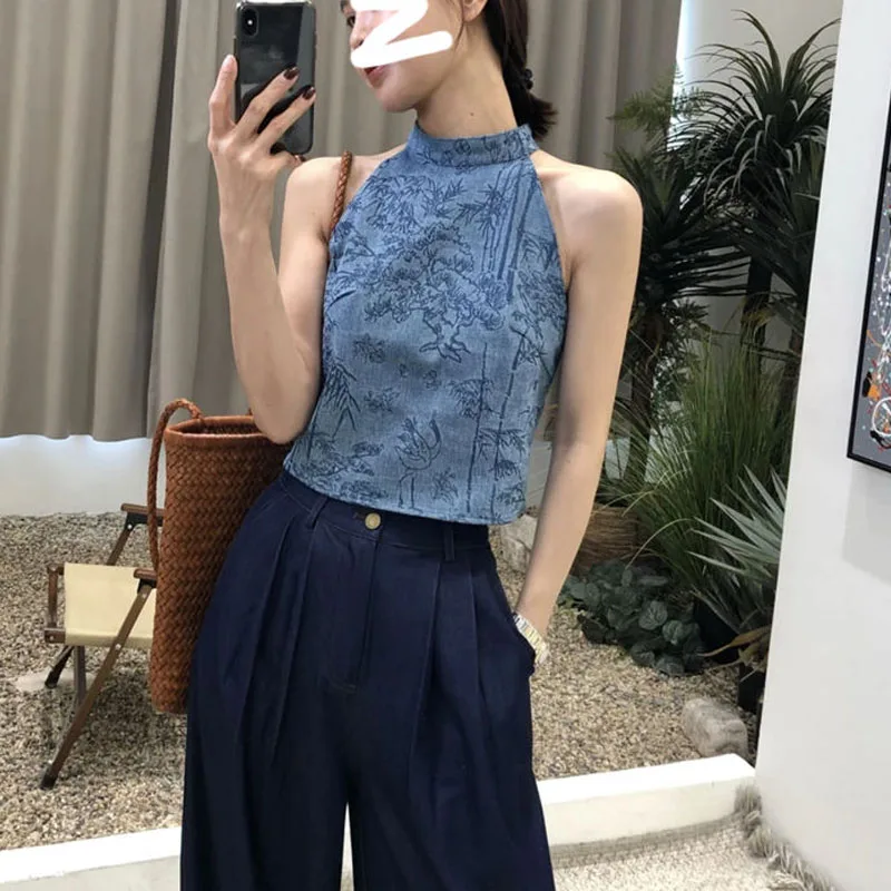 

Chinese Style National Style Halter Vest Women Summer 2024 New Slim Niche Printing Sleeveless Comfortable Casual Short Tops