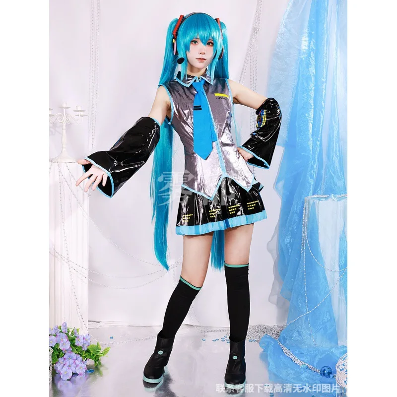 Miku-conjunto completo de Cosplay, traje de tela de cuero plateado, ropa para la cabeza, JK, vestido de marinero, uniforme de escuela secundaria, Hallo