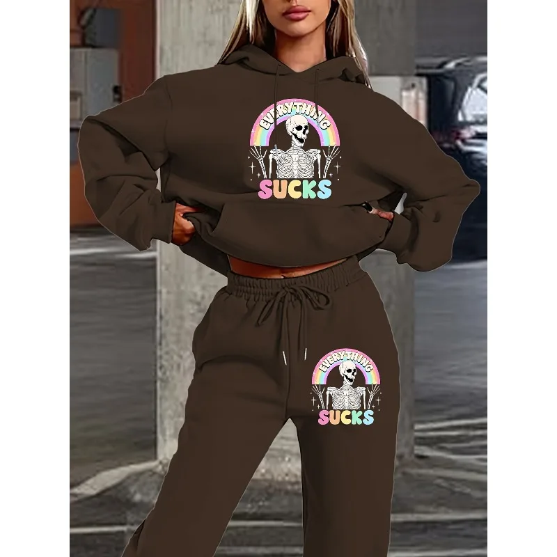 

2025 New 3D Rainbow Skull Letter Men's and Women's Hoodies Sports Pants Set with Hat Long Sleeve Casual Wear