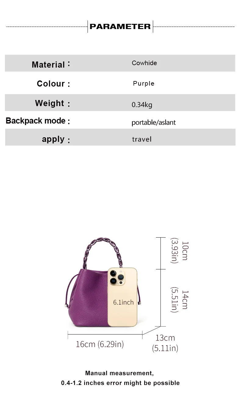 Elegante Handtasche aus echtem Leder, einzelne Schultertasche, Crossbody-Tasche, erste Schicht Rindsleder, Bucket Bag für den Arbeitsweg, Litschi-Muster – Detail 4