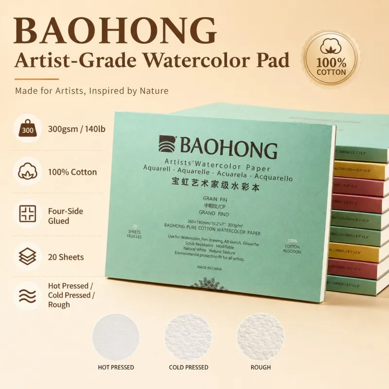 BaoHong Artist Grade Watercolor Paper Pad 300gsm 100% Cotton 140lb Four-Side Glued Watercolour Block for Painting Gouache