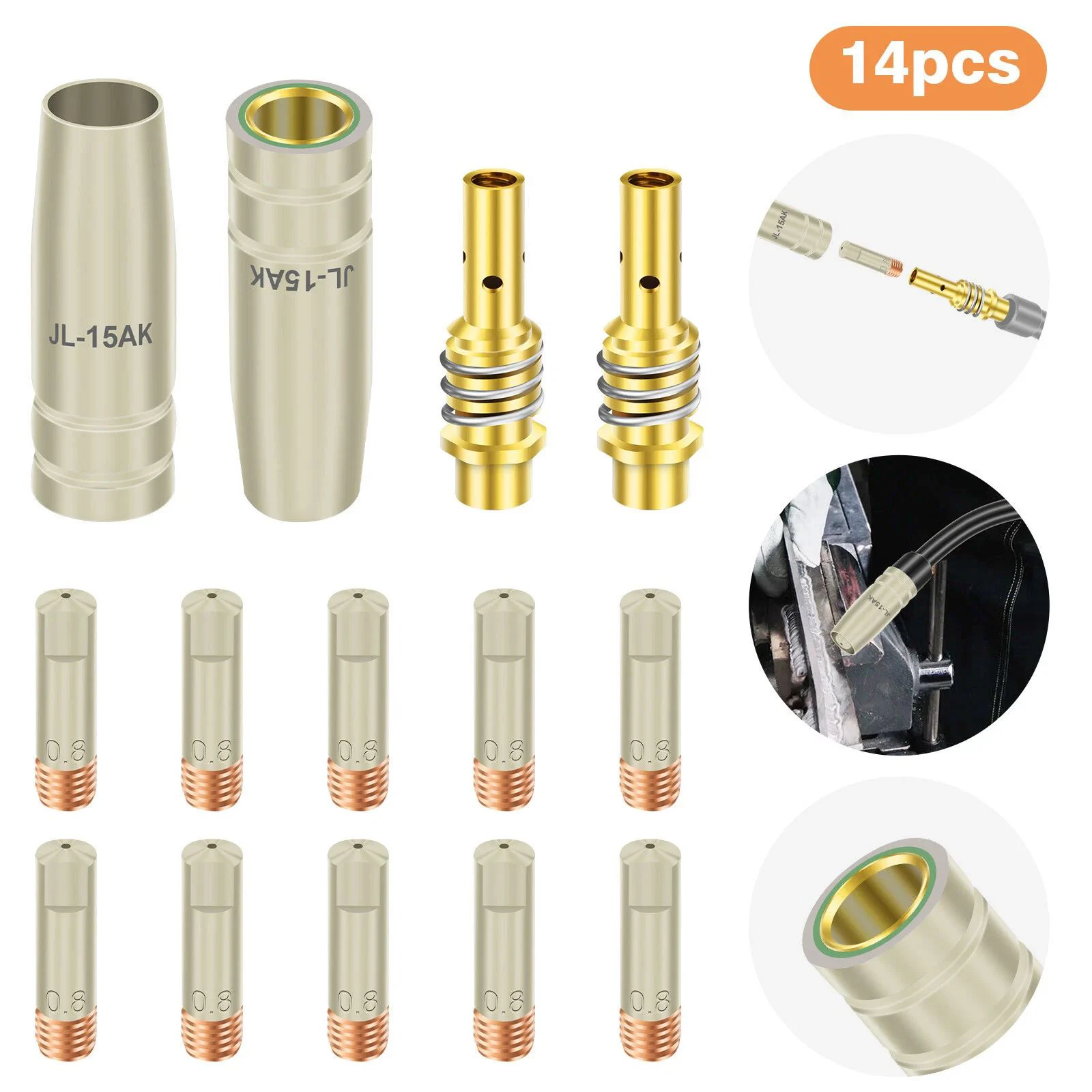 14Pcs/lot 15AK MIG MAG Welding Torch Kit Coating Protection Non-stick Contact Tip 0.8mm M6 Nozzle For 15AK MIG/MAG Welding Torch