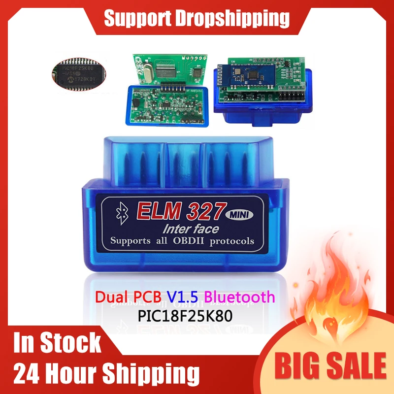 ELM327 2PCB V1.5 PIC18F25K80 Bluetooth OBD2 Scanner ELM 327 For Android & IOS OBD Code Reader OBDⅡ Car Diagnostic Tools for Auto